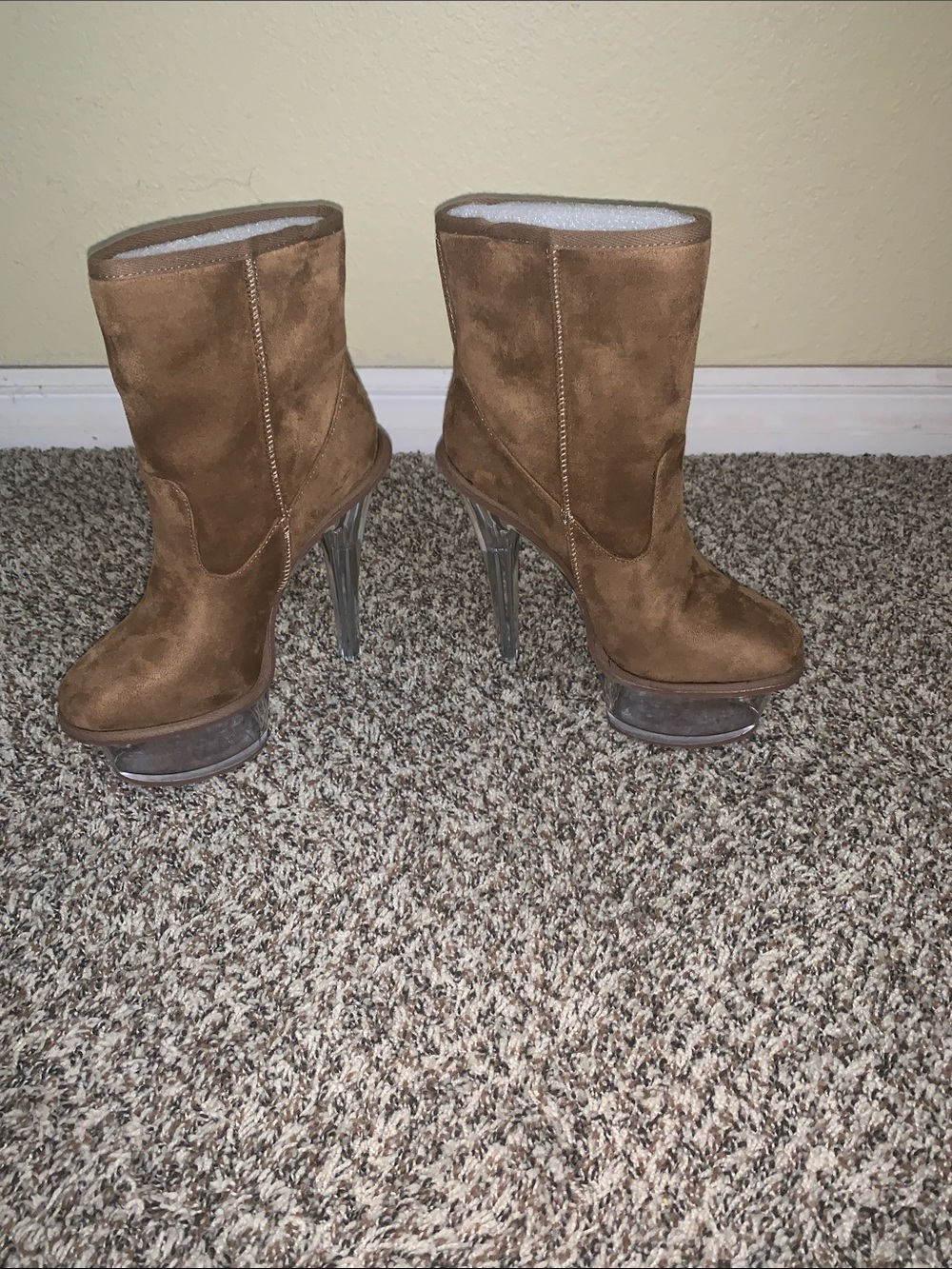Dolls Kill Darker Wavs Brown Suede Platform Ankle Boots with Clear Heels